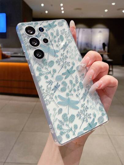 1pc Dragonfly & Flower Pattern Android Phone Case, Precise Camera Cutout Compatible With Samsung Galaxy S25 Ultra/Galaxy S24 Ultra/S24/S23 Ultra/A56 5G/A55 5G/A52s 5G/A26 5G, Nothing, Pixel, INFINIX, Xiaomi Redmi Protective Cover