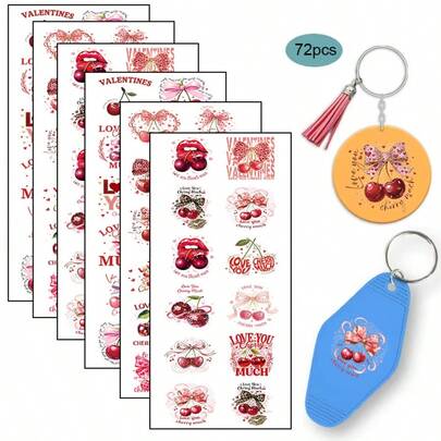 72张UV DTF材质贴纸 - “爱你樱桃”钥匙扣贴纸，防水亮面，色彩鲜艳的樱桃和心形情人节樱桃蝴蝶结设计，“爱你哟”字样，适用于亚克力酒店钥匙扣、汽车旅馆钥匙牌，一次性装饰贴纸，亮面，活动装饰，可爱贴纸，高品质贴纸，活动策划