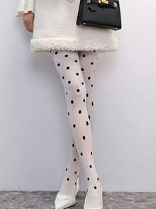 1双女士天鹅绒波点紧身裤袜，白色修身连裤袜，简约美学，春夏款 - 白色 - 查看 2
