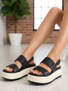 Sandalias de cuña para mujer con plataforma, tacón, chanclas abiertas de verano, de slip-on, para vacaciones y playa casual - Blanco y negro - Ver 3