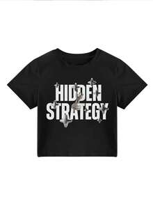 2026 Summer New Women's Fitted Short Graphic Tee, English Letter Print, Streetwear Style, Versatile Round Neck T-Shirt - Black - View 4