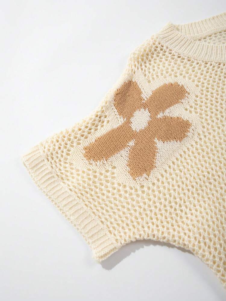 Sheer Mesh Asymmetrical Shoulder Floral Print Knit Short Sleeve Pullover Top, Sexy & Chic For Spring/Summer, Suitable For Vacation And Commute - Apricot - View 8