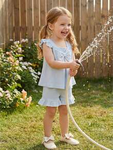 Toddler Baby Girl Clothes Summer Linen Outfit Bows Ruffle Vest Shirts + Ruffled Short Set 12 18 24 Month 2T 3T - Blue - View 1