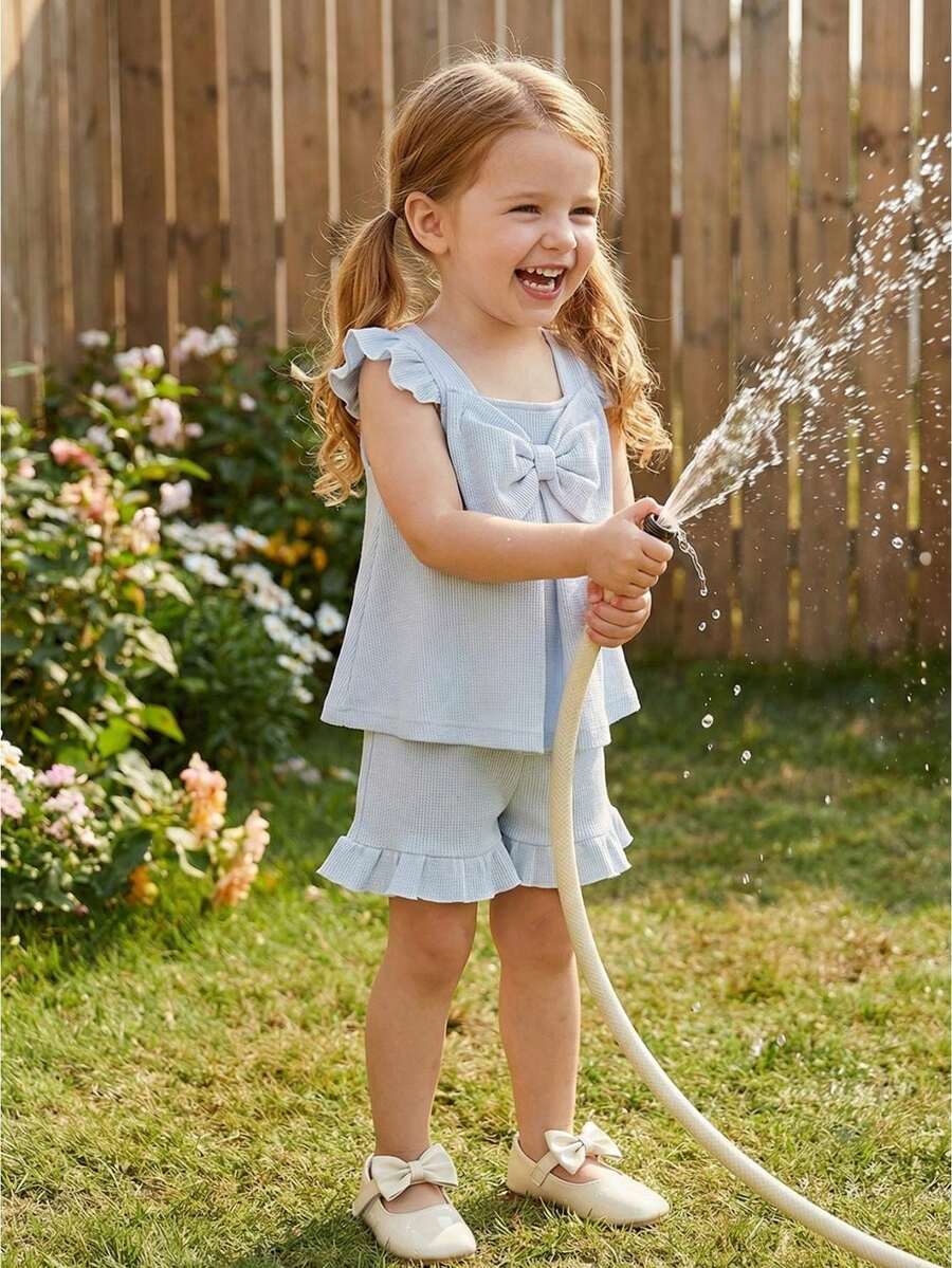 Toddler Baby Girl Clothes Summer Linen Outfit Bows Ruffle Vest Shirts + Ruffled Short Set 12 18 24 Month 2T 3T - Blue - View 1
