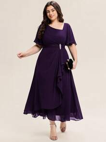 EVERPRETTY Gaun Bridesmaid Chiffon Ungu Elegan Ukuran Plus, Dekorasi Berlian, Hem Asimetris Berlipit Lembut, Cocok Untuk Pernikahan, Acara Malam Formal - Purple - View 5