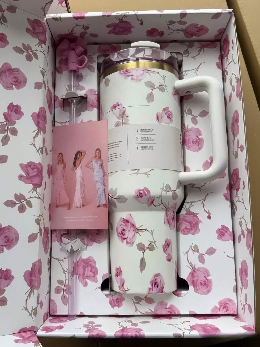 Love Garden Series Stainless Steel Vacuum Flask - 40oz Travel Tumbler With Straw, Lid & Dust Bag, 6/12hr Hot/Cold Retention, Leakproof For Office, Home, Outdoors, Ideal Gift Set In Box. - Limited Edition  Mug #001 White Flower - View 1
