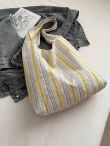 Bolso de lona fresco y elegante, bolso de hombro con textura a rayas, bolso de gran capacidad para estudiantes y viajes - Amarillo - Ver 4