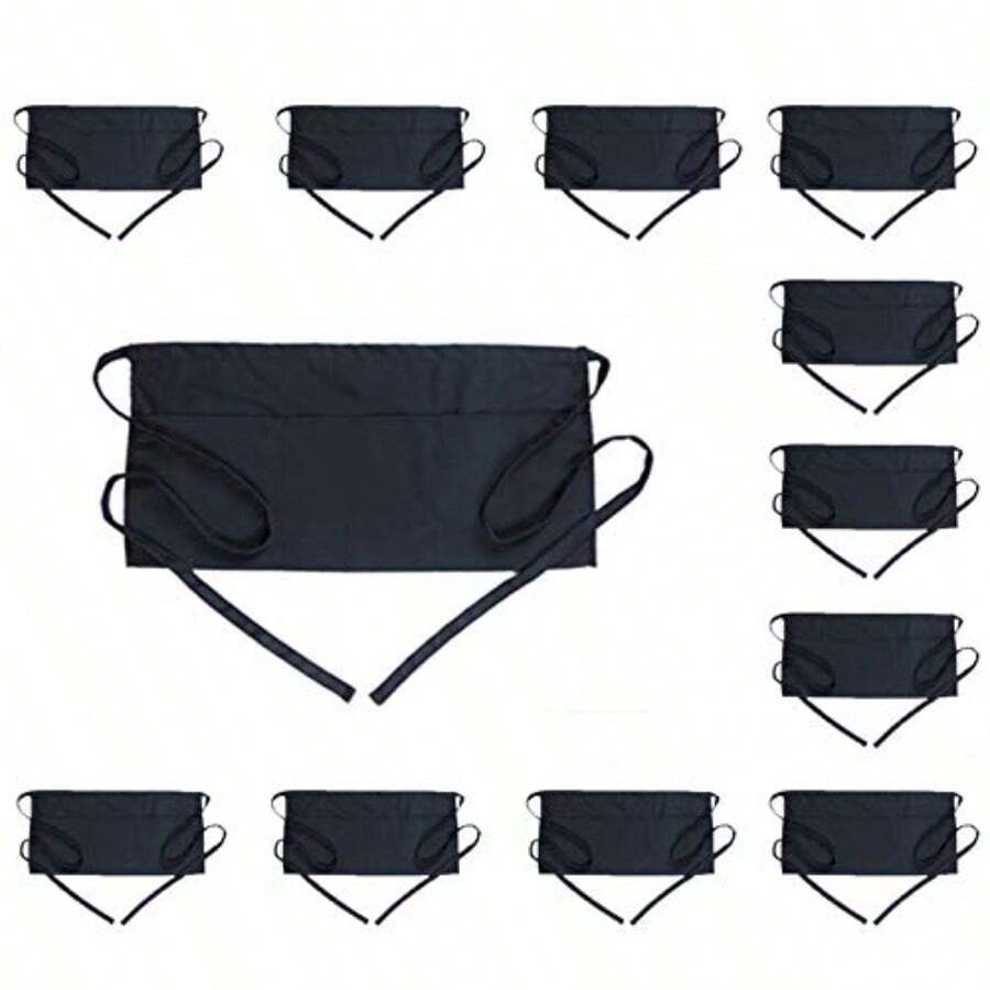 BOHARERS Waist Apron With 3 Pockets - Black Waitress Waiter Server Short Aprons For Kitchen Restaurant Use Durable Cotton Fabric Practical Design For Food Service Staff - -B12 黑盒裝- - 查看 1