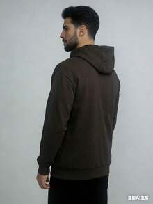 Men's Plain Long-Sleeved Sweatshirt With Hood And Zipper. - 棕色 - 查看 2