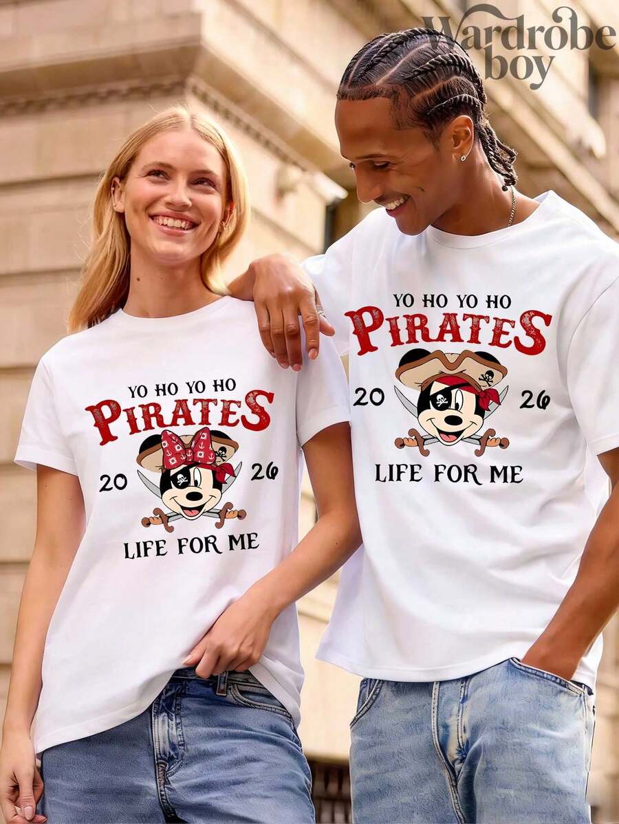 1PC Disney Printed T-Shirt,"Yo-Ho, Yo-Ho, A Pirate's Life Is The Life For Me!" 2026 T-Shirt, Disney Mickey And Minnie Pirate-Themed T-Shirt, Disney Pirate Cruise Gifts,Couple T-Shirts,Unisex,High-Quality Pure Cotton T-Shirt,Suitable For All Seasons, Comfortable And Breathable| Exquisite Design | The Best Choice For Giving Gifts - 白人 - 查看 1