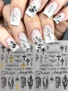 Cross-Shaped Gold & Silver Punk Style Nail Stickers, Waterproof Self-Adhesive Disposable Nail Stickers With Special Fonts And Patterns, Suitable For Natural Nails/Manicure - Multicolor - View 2