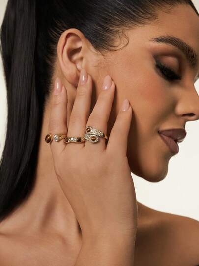 1 套 3 枚复古金色和咖啡色戒指，时尚高端独特女士开口戒指套装