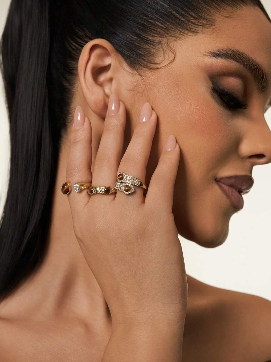 Altistry 1 Set Of 3 Vintage Gold & Coffee Color Rings, Fashionable High-End Unique Open Ring Set For Women - 3892 Set - View 1