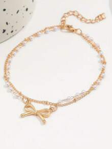 A Single Piece Of Double-Layer Iron Chain Pendant, Faux Pearl, Handmade Chain Anklet, A Double-Layer Thin Faux Pearl Chain Anklet With A Bow, Sexy And Elegant, Perfect For Vacation And Everyday Wear - Multicolor - View 4