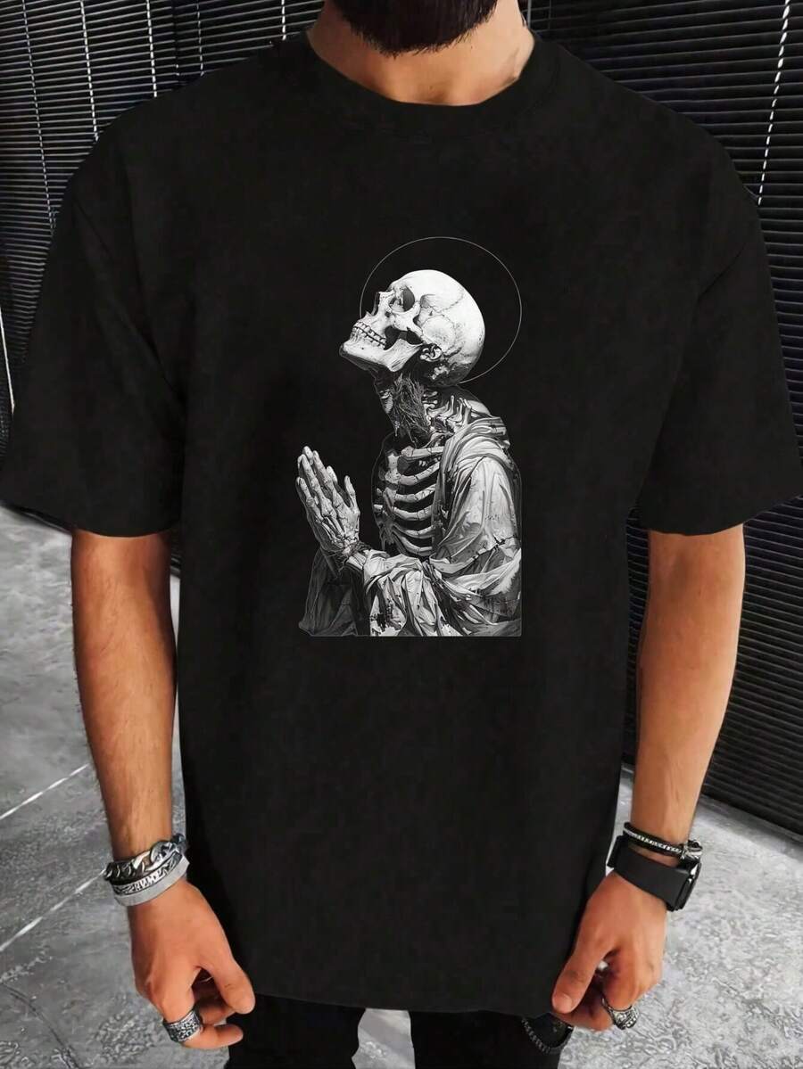 Camiseta de hombre con estampado de calaveras - Camiseta casual de algodón con cuello redondo y diseño de esqueleto. Perfecto para el día a día. Deportes. y actividades al aire libre. Ropa para Exteriores Estilo Casual Atrevido Tejido Resistente - Negro - Ver 1