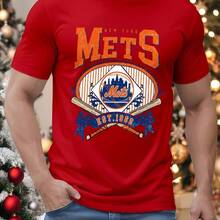 New York Mets Baseball Logo T - Shirt, Black Crew Neck With Bold Orange 'METS' & 'NEW YORK' Text, EST. 1962 City Skyline & Bats Graphic, Casual Soft Tee For Fans - Perfect For Baseball Enthusiasts & Game Day Wear-100% Cotton Vintage Black Graphic Tees Men Casual Summer Tops - 紅色 - 查看 1