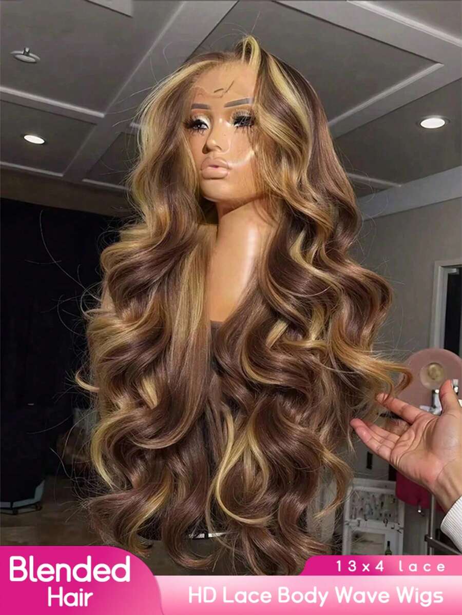 PQL 34英寸 8-34英寸 180%密度 蓬松波浪假发 360度全蕾丝前假发 真人发混纺，透气帽，巴西发，无胶前假发，自然发际线，百变优雅造型，女士适用