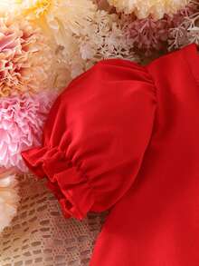 1pc Baby GirlCute French Bow Princess Dress, Summer - Red - View 4
