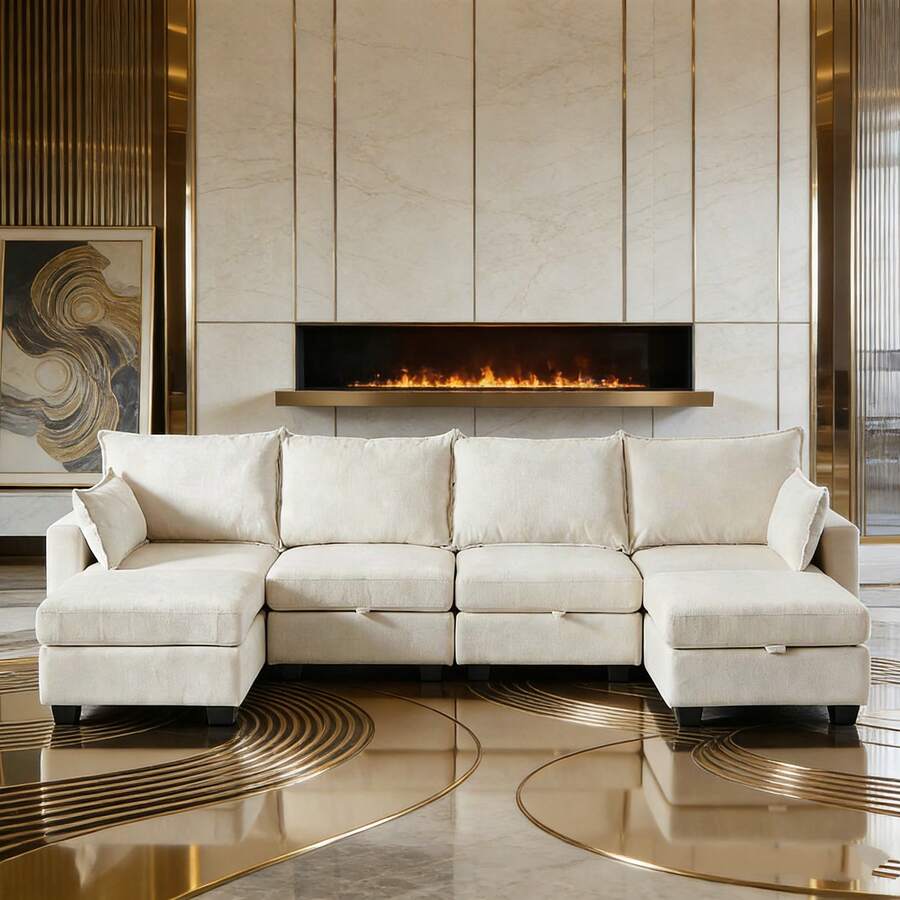 Sofas & Couches - Beige + Chenille + Foam+Spring + 6 Seat - View 1