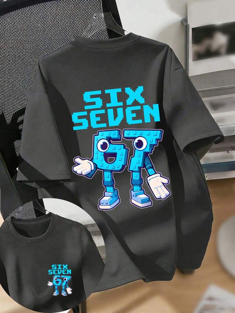 Camiseta con estampado de número 67 y diseño de dibujos animados "SIX SEVEN-Italian Brain" para niño adolescente, adecuada para uso diario, ropa urbana, estilo campus, casual y versátil para el verano - Gris Oscuro - Añade 5