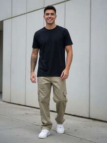 Men's Beige Cargo Pants With Drawstring Waist And Slight Stretch, Unisex Long, Loose-Fitting, Casual Streetwear/Skate Pants. - 米色 - 查看 3