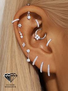 EleRunis 1件 莫桑石水钻 925纯银花朵不对称平底耳骨螺旋穿刺耳环 精致首饰 适合日常佩戴 婚礼派对 订婚 周年纪念 情人节 - 銀色 - 查看 2