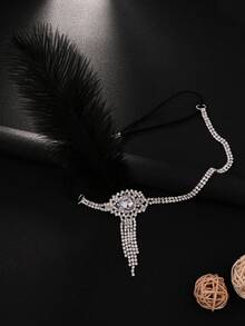 畅销流苏羽毛发链，欧美哥特式新娘水钻头饰，女士发链 - 銀色 - 查看 4