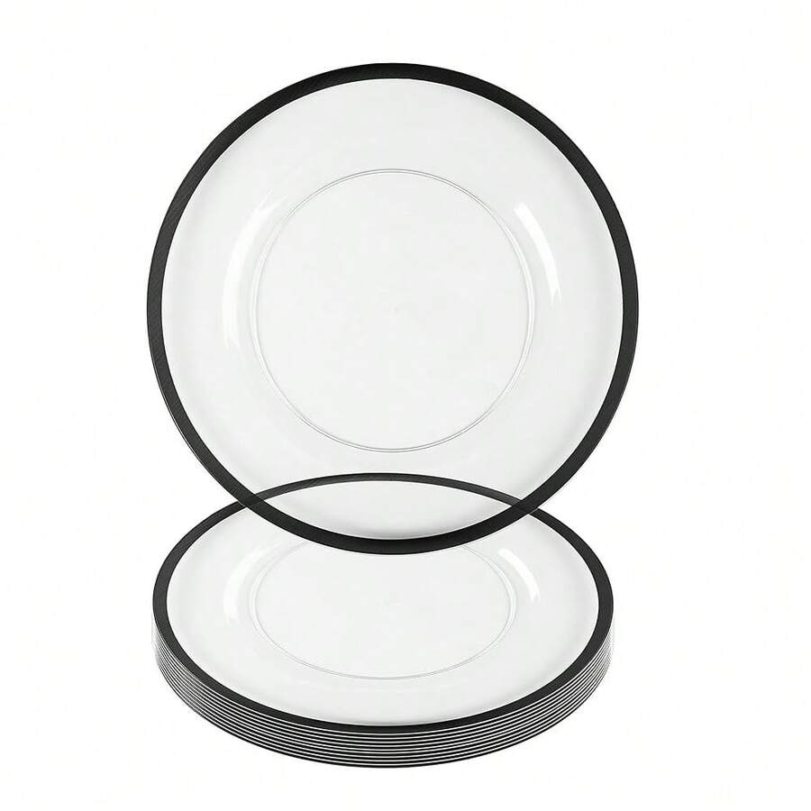 PARTY BARGAINS 13-Inch Charger Plates - 8 Pack, Clear Black Rim, Heavy-Duty Disposable Chargers For Elegant Dining - Ideal For Weddings And Formal Events - 黑邊 - 查看 1