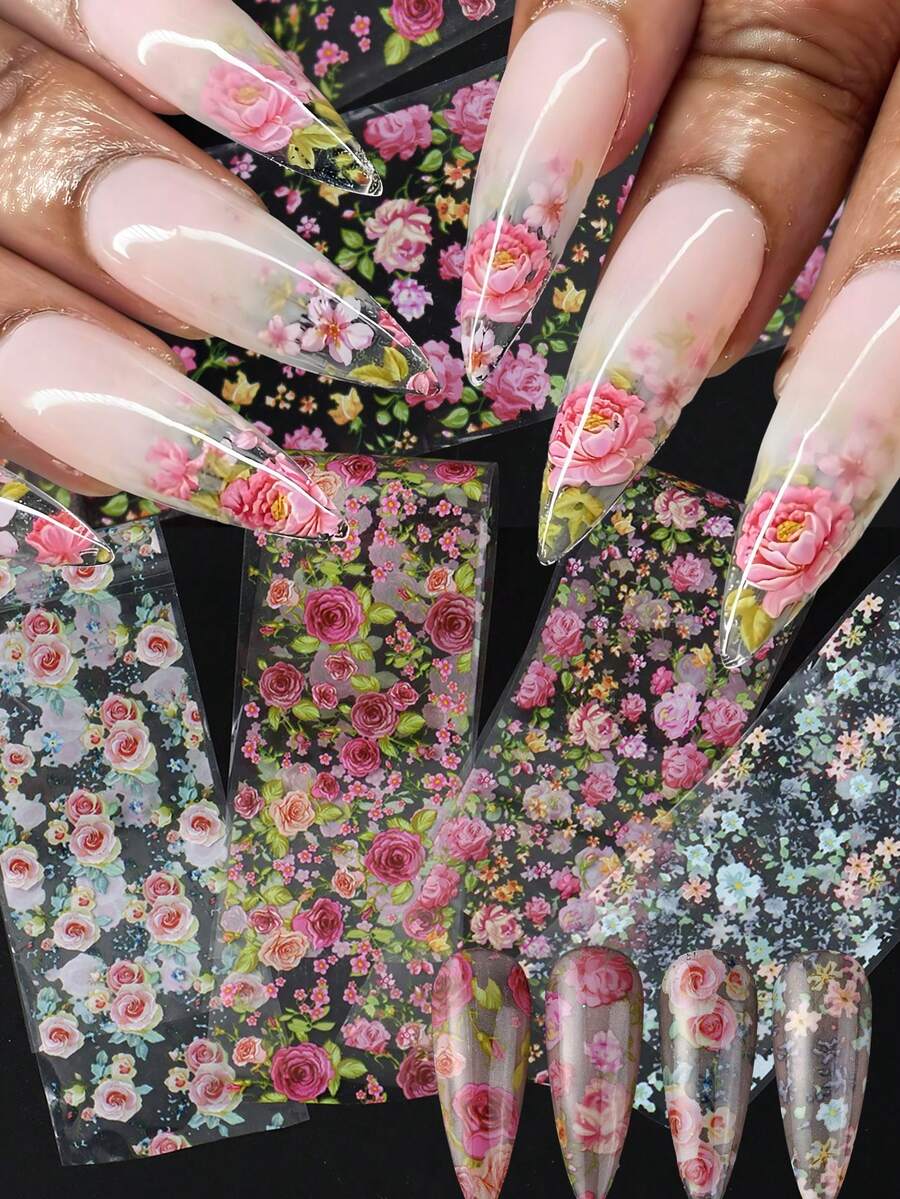 4片玫瑰花春季美甲贴纸，彩色花瓣和叶子美甲贴纸设计，DIY女士美甲装饰套装（无粘性），婚礼美甲用品 - 彩色 - 查看 1