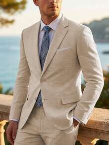 2pcs Men's 2 Piece Beige Linen Suits For Men Slim Fit Casual Beach Wedding Summer Grooms Groomsmen Linen Blazer Pants Suit - 米色 - 查看 8
