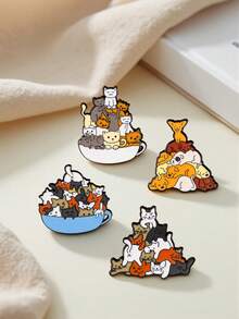 4pcs Cartoon Cat Animal Brooch, Cute Cats Playing In Bowl Stacked Design Metal Alloy Badge Clothing Accessory - Multicolor - View 6