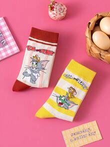 Noctvar OBM Sleepwear X TOM & JERRY 2双猫鼠图案女士中筒袜，可爱卡通爱心设计，趣味老鼠时尚夏季男士袜子，透气休闲船袜，卡通图案，适合学生/成人作为礼物和日常穿着，情侣款 - 彩色 - 查看 5