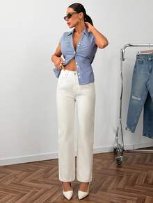 Women Long White Denim Straight Leg Jeans With Pockets Buttons And Zipper Non-Stretch Fabric - Beige - View 5