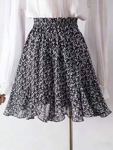 EARO Women's Fashion Skirt, Elastic Waist Design, Black & White Printed, Casual Chiffon Lightweight Fabric. Loose Stylish Versatile Elegant - Black - View 2