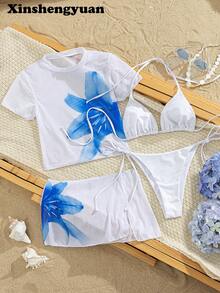 新盛源4件套新年、情人节服装，性感优雅显瘦定位印花图案，精细网纱无袖上衣，欧美时尚，度假海滩和游泳池，休闲郊游海边派对豪华比基尼套装，可拆卸泳衣胸垫，节日服装，女士泳装，女士上衣，假日搭配服装，夏季阳光海滩服装，冬季温泉泳衣泳裤。 - 彩色 - 查看 2