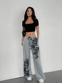 Gothic Style Graffiti Skeleton Print Drawstring Waist Pants - Grey - View 7