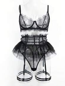 Bộ đồ lót ren gợi cảm 5 món, ren đen, bao gồm dây nịt và váy xếp ly, đồ lót cao cấp, trang phục cá nhân hóa. - màu đen - Xem 4