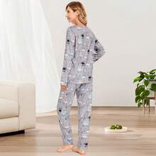 ¡Recomendado2 Piezas Pijama con Estampado Mujer, Algodon Manga Larga y Pantalones con Bolsillo Conjunto de Pijama, Casual Ropa de Dormir¡Top de Temporada - Negro - Ver 5