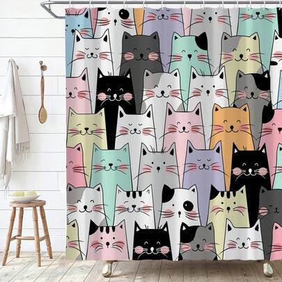 1件卡通猫嘉年华浴帘，现代时尚卡通猫印花浴帘，适用于各种房间和浴室装饰隔断，浴室配件雨帘，浴缸帘