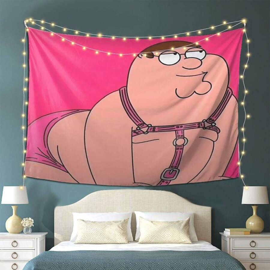 Peter From Family Guy Tapestry - Large Wall Hanging Poster With Pink Background, Soft Peach Light Beige Texture Fabric - Living Room, Bedroom, Office, Party Decor - Perfect Gift For Animation Fans & Home Decoration, Playful Design, Highquality Print - 白色 - 查看 1