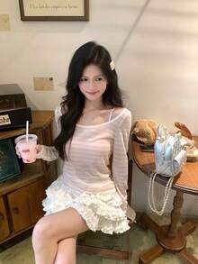 Refreshing Striped Loose Fit Sun Protection T-Shirt For Women - Baby Pink - View 2