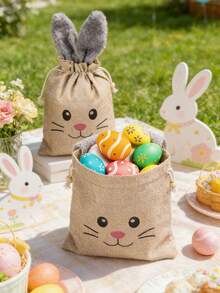15pcs Easter Bunny Ear Drawstring Gift Bags - Linen Candy And Present Bags, Suitable For Holiday Gift Packaging And Gift Storage - Multicolor - View 3