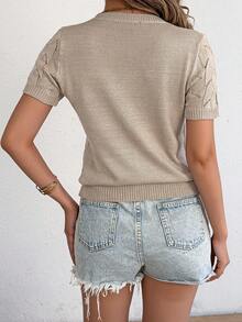 Casual Crew Neck Hollow Out Ribbed Solid Color Short Sleeve Women Knit Sweater Top, Everyday Wear, Spring/Summer - Khaki - View 2