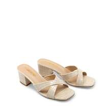 Women Chunky Low Heel Mule Sandals Crocodile Print Open Toe Slip On Heels Summer Slide Sandals - 杏色 - 查看 4