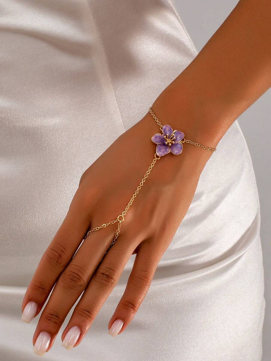 1pc Elegant Metal Pleated Flower Finger Chain, Suitable For Parties And Various Occasions - Purple - View 1