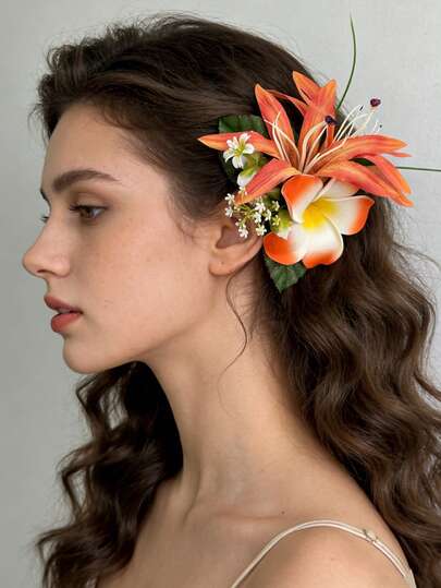 1 pieza Clip de pelo con combinación de Plumeria, Orquídea y Hojas, estilo de vacaciones de primavera/verano, accesorio de pelo para mujer para exteriores/viajes, accesorio creador de ambiente