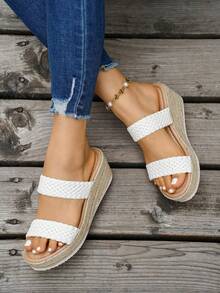 Women's Straw Wedge Rope Open Toe Slippers, Thick Sole Elevated Summer Outdoor Sandals - White - View 6