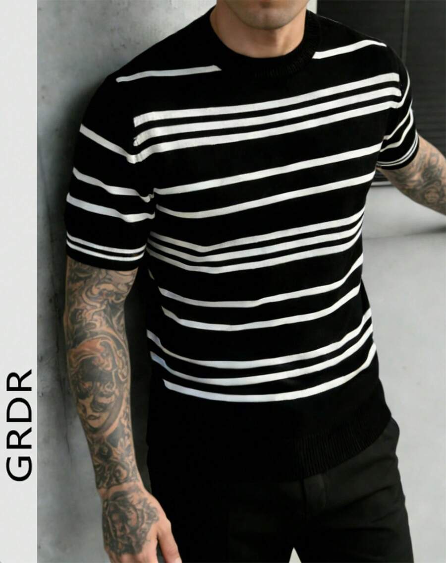 GRDR 男士条纹休闲时尚百搭针织短袖T恤 - 黑色 - 查看 1