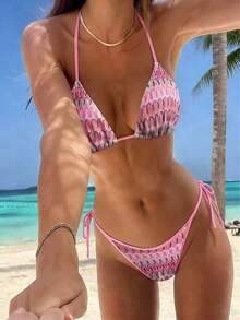 Bikini de 2 piezas con diseño de tirantes finos y espalda descubierta, de tela con textura única para mujer - Rosa - Ver 1