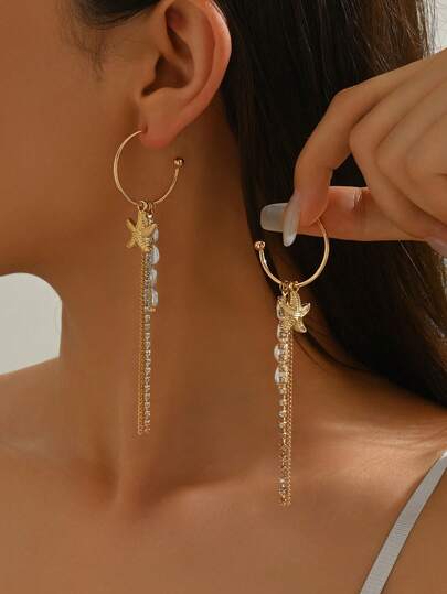 1 par de nuevos pendientes en forma de C con borlas y estrellas de mar, de estilo minimalista y creativo, para vacaciones en la playa y fiestas